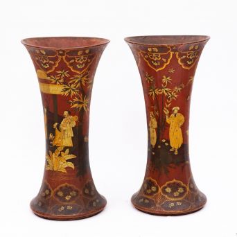Pair of colossal French floor vases in terracotta with Chinese motifs.