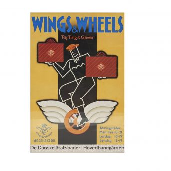Wings & Wheels. DSB poster, ca. 1990. Indrammet i flot fyrretræsramme