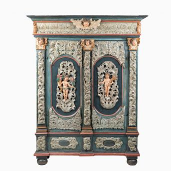 Rare 18th Century Baroque Tyrolean Cabinet with Original Polychrome Paint and Carved Cherubs