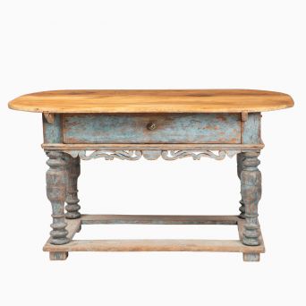 Early 18th Century Danish Baroque Pine Library Table with Blue-Painted Base