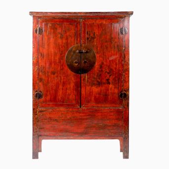 Large 19th Century Chinese Elmwood Cabinet with Original Red Lacquer, Shanxi