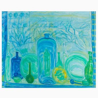 Christine Swane - Stilleben med flasker og glas i blå og grønne nuancer