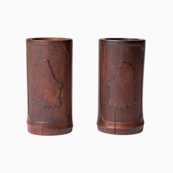 Pair of Chinese Qing Dynasty Bamboo Brush Pots with Scholar Relief Carvings, circa 1850