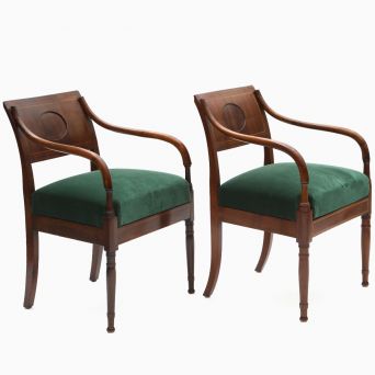 Pair of Danish Empire Mahogany Armchairs with Green Velvet Upholstery, Circa 1810