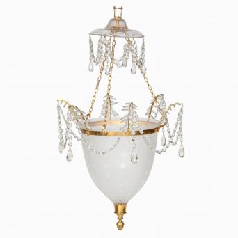 French Empire Style Frosted Glass Hanging Lamp with Gilt Bronze and Crystal Prisms, Circa 1850