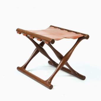 Poul Hundevad, “Guldhøj” Folding Stool in Wengé Wood & Natural Leather, 1960s, Denmark