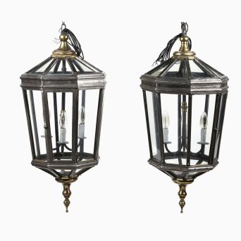 Pair of Large Octagonal English Manor Hall Lanterns in Wrought Iron and Brass, Circa 1800