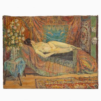 Neo-impressionistisk maleri med liggende kvindefigur, olie på lærred, ca. 1900