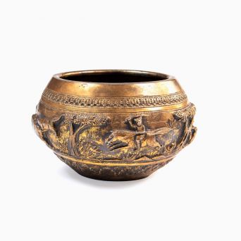 Mid-19th Century Siamese Brass Bowl with Hunting Scenes