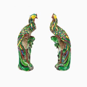 Pair of 19th Century Chinese Polychrome Porcelain Phoenix Figures, Qing Dynasty