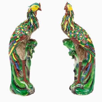 Par Føniksfugle i polykrom porcelæn – Qing-dynastiet, 1800-tallet