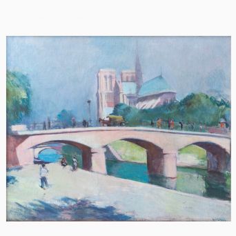 Victor Isbrand Oil Painting – View of Paris with Notre-Dame and the Seine, 1920s
