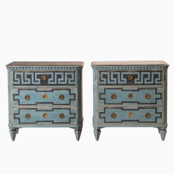 Pair of 19th Century Swedish Gustavian Chests in Blue Tones with Classical Neoclassical Detailing