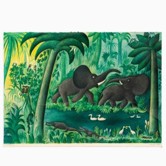 Hans Scherfig, “Elephants in the Jungle,” Color Lithograph, 1974