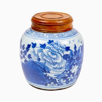 19th Century Chinese Canton Blue and White Porcelain Ginger Jar with Hardwood Lid