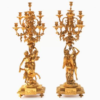 Pair of Large Gilt Bronze Louis XVI Style Candelabras Featuring Zephyr and Psyche, Napoleon III Period