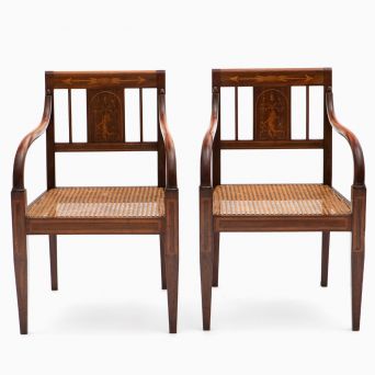 Pair of Empire Armchairs in Cuban Mahogany with Satinwood Inlays and Original Cane Seats, Copenhagen c. 1810