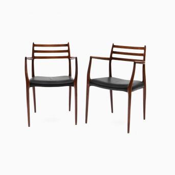 Niels Otto Møller - Pair of Rosewood and Black Leather Arm Chairs Model 62