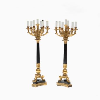 Pair of French Charles X Gilt and Patinated Bronze Candelabras with Marble Base, Circa 1880