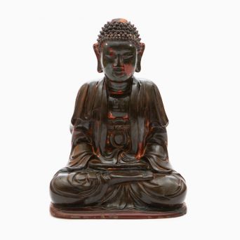 Antique Vietnamese Hardwood Buddha in Dhyana Mudra with Olive Lacquer and Copper Patina, 1800-1840