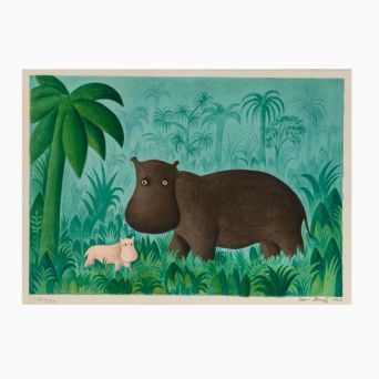 Hans Scherfig Coloured Lithograph - Hippopotamus with offspring