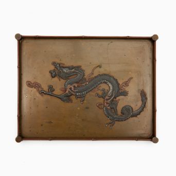 Antique Japanese Meiji Bronze Tray with Dragon Motif and Bamboo-Style Edges