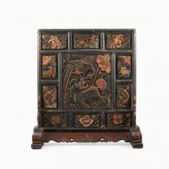 Ming Dynasty hand carved table screen with details depicting a dragon, cranes, mythical animals, flowers, etc. painted in polychrome.
From Shanxi Province, China 16th-17th century