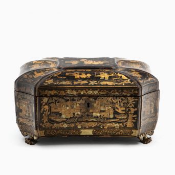 Chinese Export Tea Caddy, Lacquered Wood with Gilded Decorations