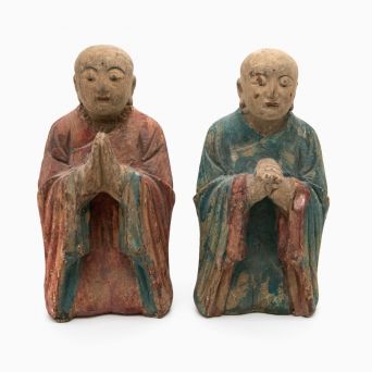 Pair of Qing Dynasty Tibetan Carved Wood Praying Monks