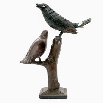 Swedish Folk Art Hand-Carved and Painted Wooden Birds on Tree Branch, Circa 1900