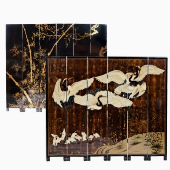 Japanese Six-Panel Lacquer Screen with Hand-Painted Cranes and Bamboo, Circa 1950-1970