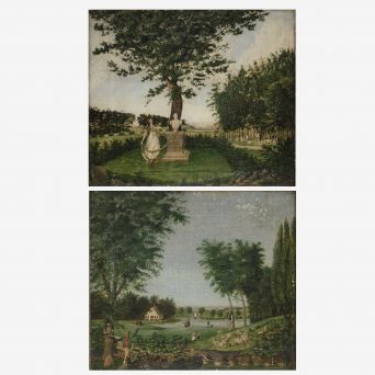 Par naivistiske allegoriske landskabsmalerier. Sign. Christian Georg V. Lind