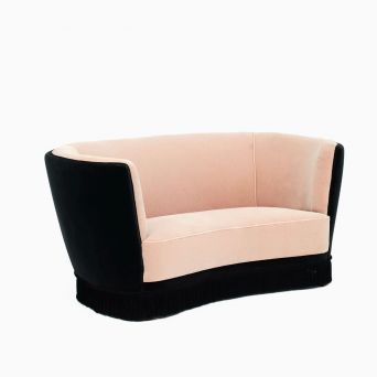Danish 1930s Banana Form Curved Sofa or Loveseat in 'Nude' and Dark Grey Velvet