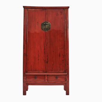 Chinese Ming Style Red Lacquered Wardrobe with Drawers and Shelves