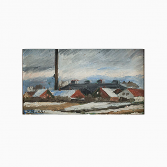 Erik Hoppe maleri - Et vinterlandskab med huse
