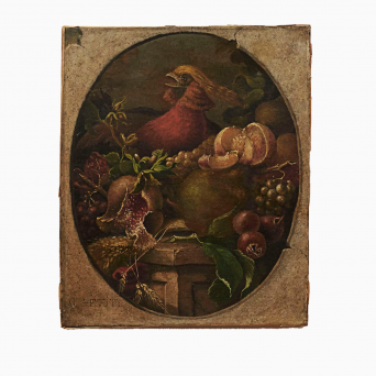 Stilleben "Frugtopstilling med guldfasan". G. Petit, 1866.
