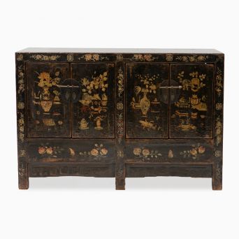 Chinese Chinoiserie Floral Hand Painted and Lacquered Sideboard